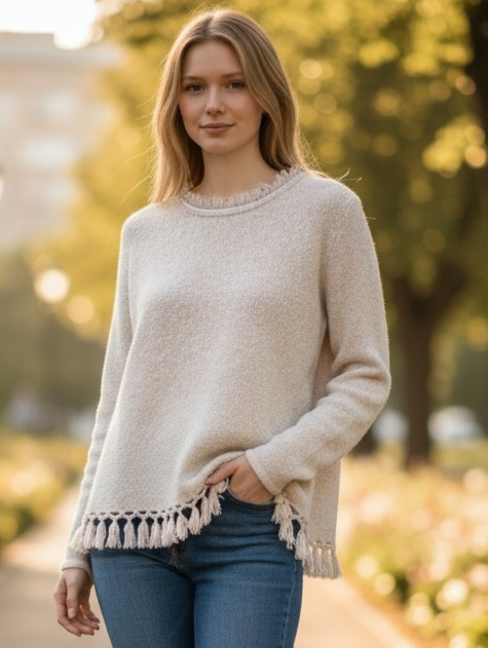 J. McLaughlin Gold-Thread Light Cream Fringe Sweater